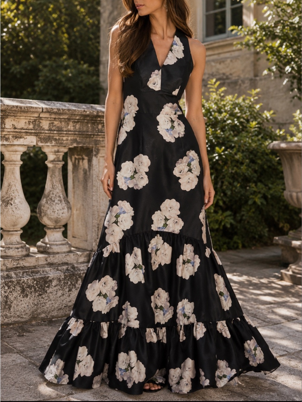SACHIN BABI Rori Floral Tiered Mikado Gown Black
